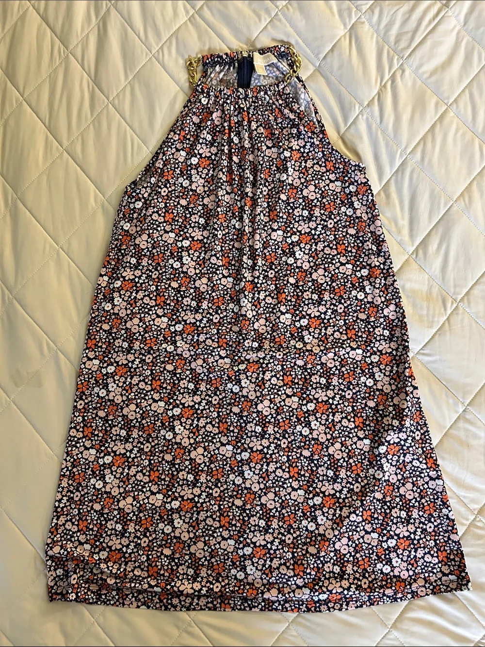 Michael Kors Navy Halter A-Line Dress with Orange and White Floral Print
